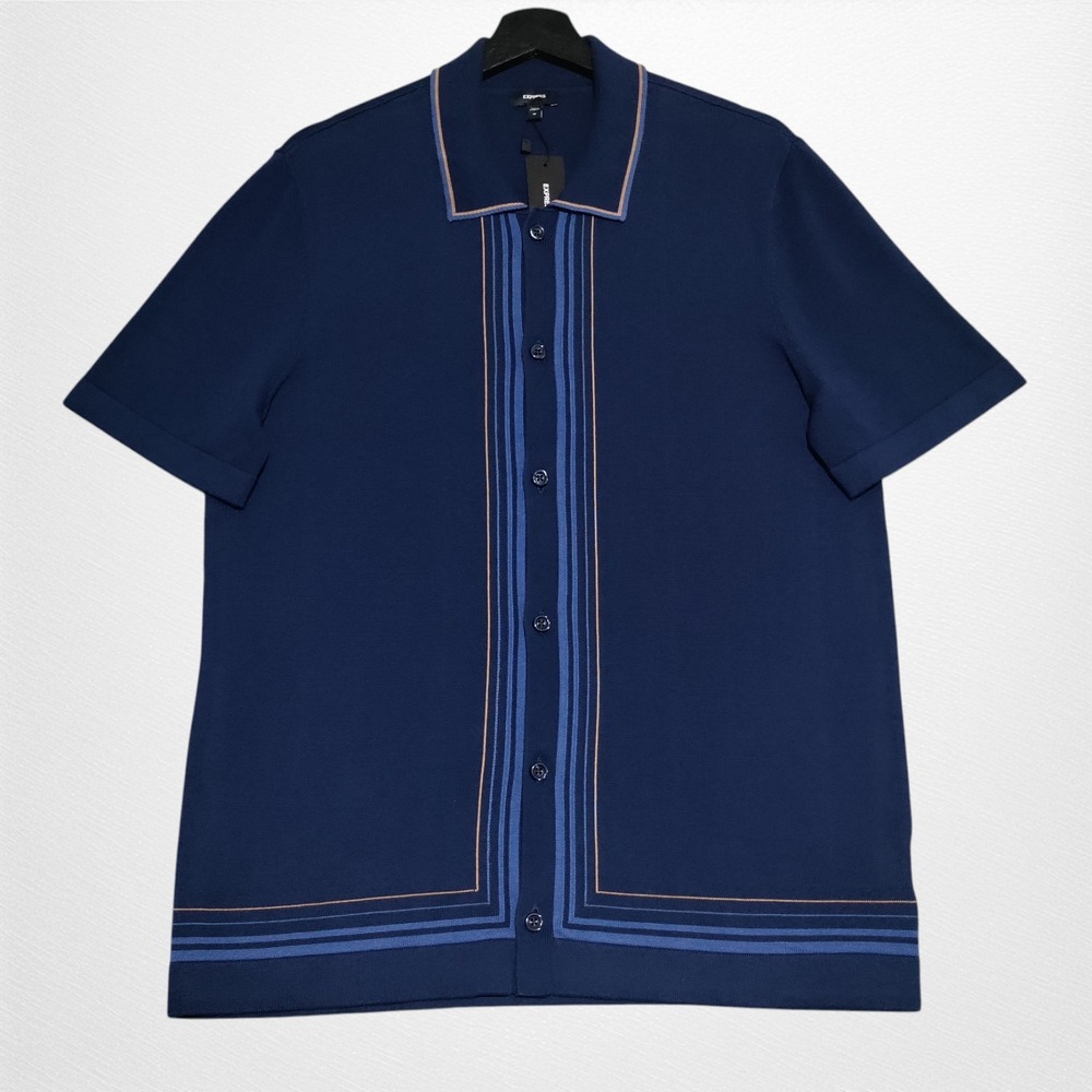NEW Express‎ Button Down Striped Border Sweater Polo Shirt Mens Medium Navy Blue